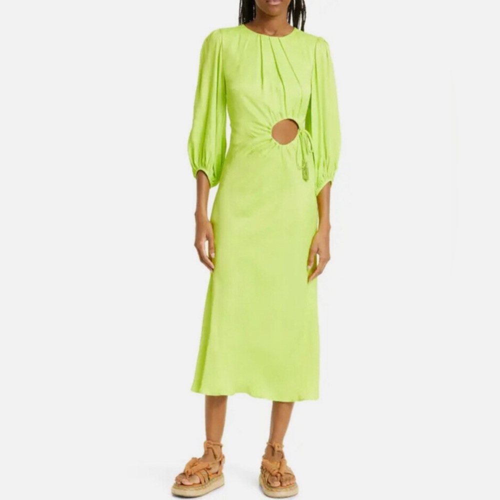 Farm Rio LIME GREEN CUTOUT TIE RUCHED MIDI DRESS - Picture 2 of 9